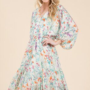 Lime 'N' Chili Floral Cinched Waist Balloon Sleeve V-Neck Dress- NEW WITH TAGS!